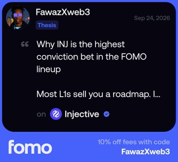 A social media post by FawazXweb3 dated Sep 24, 2026, with the thesis 'Why INJ is the highest conviction bet in the FOMO lineup' and 'Most L1s sell you a roadmap...' about Injective (INJ), promoting a 10% off code for FOMO.