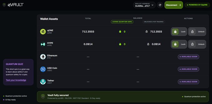 The image shows a computer screen displaying a page from a cryptocurrency trading platform called "Quantum computing could redefine crypto security, and @qlabsofficial is preparing for that future today." The screen also has information about wallet assets, including details on Bitcoin and Ethereum transactions. There are two Bitcoin addresses displayed in the top left corner of the image.