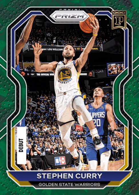 A green Panini Prizm basketball trading card featuring Stephen Curry of the Golden State Warriors in a white jersey going up for a layup, with a Clippers defender in the background, marked with a 'DEBUT' label.