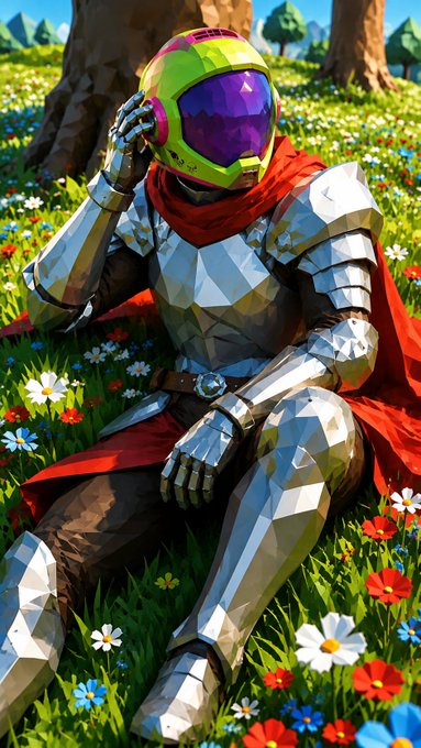 A knight in shining, futuristic armor with a vibrant green and purple helmet sits peacefully in a meadow of wildflowers, embodying a moment of rest and reflection that matches the calm "Gm" greeting and appreciation for authentic community contributions.