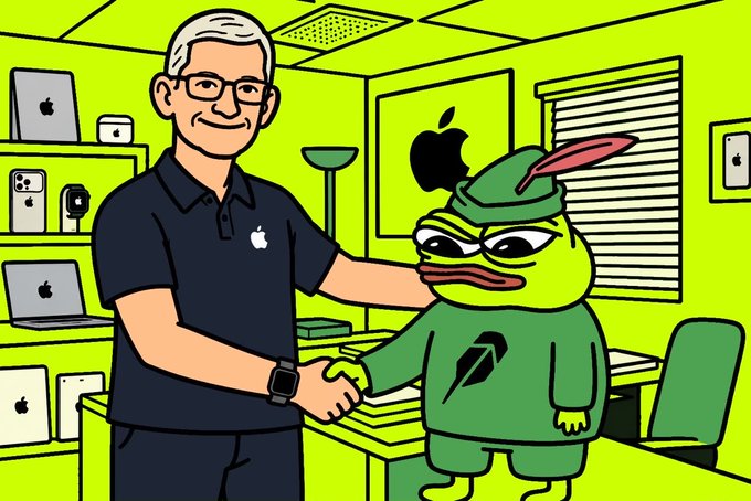 A cartoon illustration depicts a man with glasses and an Apple polo shirt shaking hands with the Pepe the Frog meme dressed in a Robin Hood-style green outfit inside an Apple store.