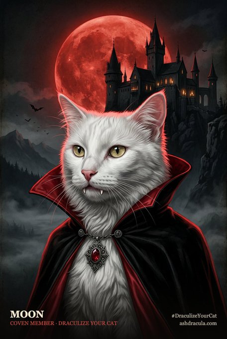 Artwork for 'MOON - COVEN MEMBER · DRACULIZE YOUR CAT' (ashdracula.com) depicting a white cat with fangs wearing a black and red vampire cape with a ruby pendant, set against a red moon and gothic castle.