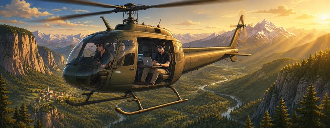 The image features a helicopter flying over a mountainous landscape, with two people inside the helicopter. Below them, there are mountains that appear to be covered in trees. The caption above the image reads "Gm fam Motion bro is awake". This phrase suggests that the helicopter's occupants might have been up early and decided to take flight for an adventure or exploration of the beautiful mountainous terrain below.

The image also includes a person sitting on one of the two seats inside the helicopter, possibly enjoying the view from above as they fly over the mountains.