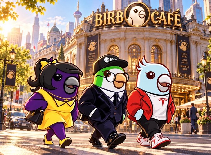 An AI-art parody image depicting three cartoon birds (resembling Birb mascots) walking in front of a fancy 'BIRB CAFÉ' building, with one wearing a Tesla logo shirt.