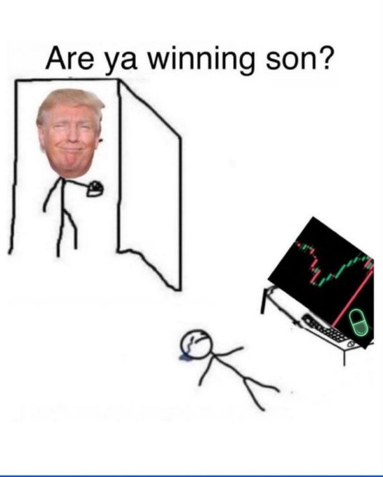 A meme featuring a stick figure with Donald Trump's face asking 'Are ya winning son?' to another stick figure collapsed on the floor in front of a laptop displaying a dropping stock chart.