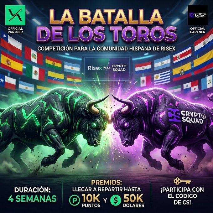 A promotional graphic for 'LA BATALLA DE LOS TOROS,' a 4-week competition for the Hispania community of RiseX featuring Crypto Squad, with prizes of up to 10K points and $50K, showing two glowing bulls clashing in front of various national flags.