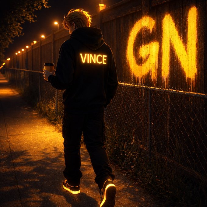 The image features a person walking down a sidewalk at night, holding a cup of coffee. There are also neon lights visible in the background, which could be streetlights or other sources of illumination. The photo has been edited with a filter that makes the person's name appear as "Vince" on their hoodie and adds graffiti to the fence behind them. This alteration suggests that the image might have been created for a social media post or promotional purpose related to blockchain technology, AI, or some other topic of interest.