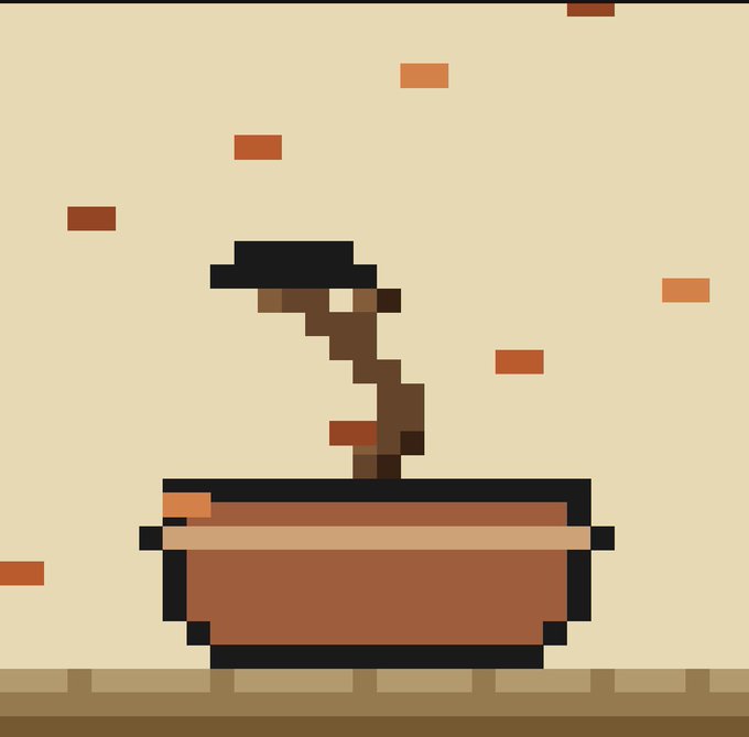 A pixel art bonsai tree in a brown pot, with its blackened canopy shaped like a cryptocurrency logo, is displayed against a cream background scattered with orange pixel blocks, illustrating the growth stages of the OnchainBonsai NFT project.
