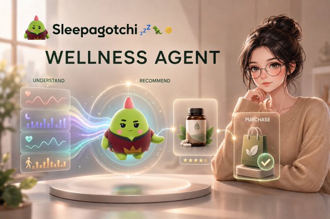 Sleepagotchi Wellness Agent promotional graphic showing an AI character recommending wellness products with 'UNDERSTAND' and 'RECOMMEND' to 'PURCHASE' workflow, alongside an illustration of a young woman with glasses.