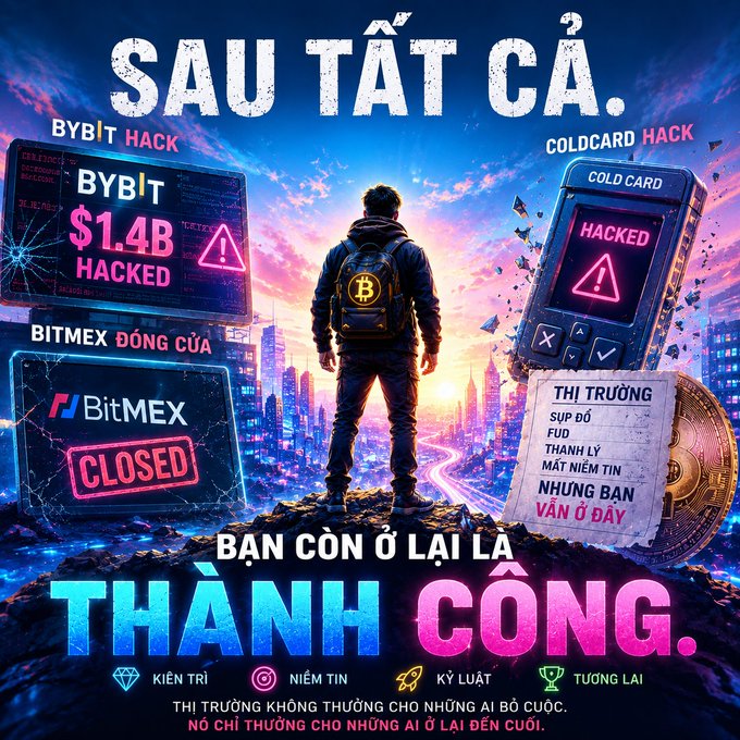A Vietnamese-language motivational graphic about the crypto market with a figure overlooking a futuristic city, featuring warning boxes that read 'BYBIT $1.4B HACKED', 'BitMEX CLOSED', and 'COLDCARD HACKED', and the headline 'SAU TẤT CẢ, BẠN CÒN Ở LẠI LÀ THÀNH CÔNG.'