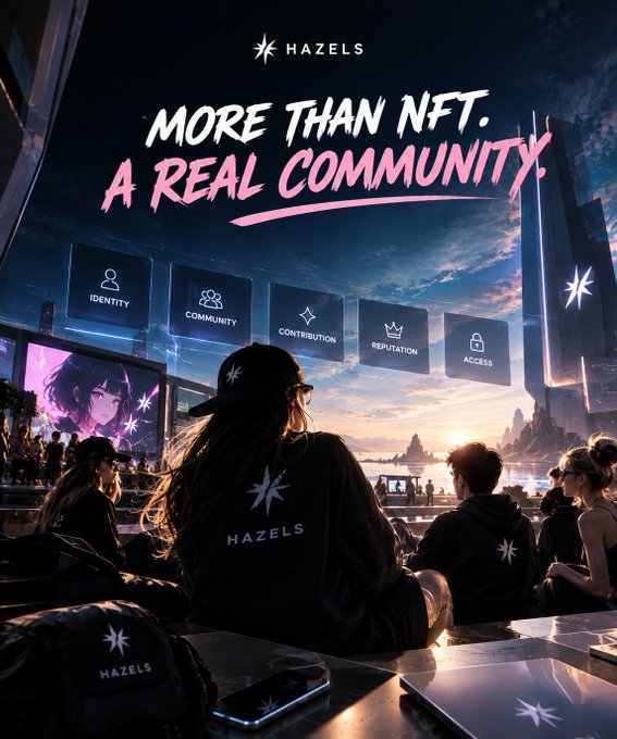 Hazels NFT promotional image with the headline 'MORE THAN NFT. A REAL COMMUNITY.' showing five pillars: Identity, Community, Contribution, Reputation, and Access.