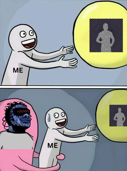 The image is a two-panel "Running Away Balloon" meme where "ME" reaches for a yellow balloon (top panel), but in the bottom panel, a menacing figure with a stitched, wild-eyed face has grabbed hold of the person from behind, causing them to reluctantly let the balloon drift away. The caption celebrates @subdrop22's banger meme and welcomes them to the "GTD fam," with the meme humorously symbolizing how joining GTD pulls creators away from their previous pursuits—fittingly illustrating the relatable feeling of being claimed by a new community.