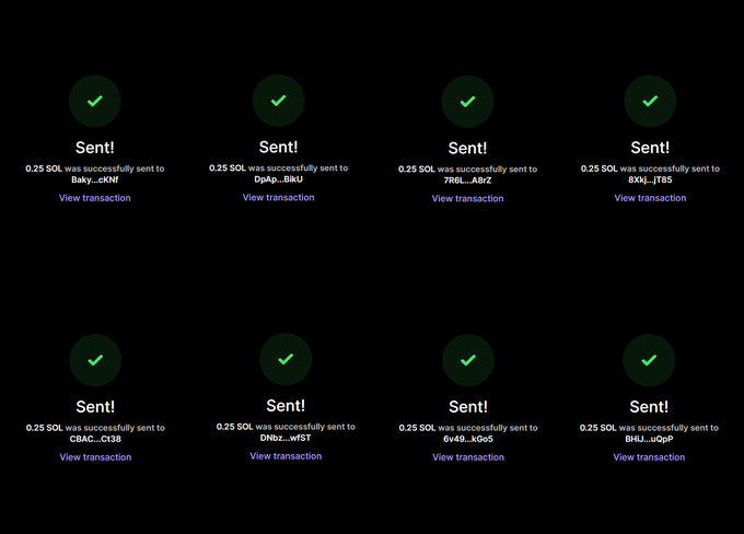 A screenshot showing 8 successful SOL transactions of 0.25 SOL each sent to different wallet addresses (including Bakv...cKNF, 0p4p...8tkU, 7R8L...ABrZ, 8Xkj...Jt8S, CBAC...C13B, DNbz...WT5F, 6v49...kQeS, and 6HJL...uQpP), each marked with a green checkmark and "Sent!" confirmation, representing the prize distribution for the giveaway winners tagged in the accompanying post.