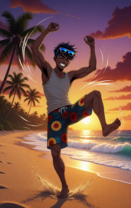 The image features a man wearing shorts, sunglasses, and dancing on a beach at sunset with palm trees behind him. The scene captures his joyous moment as he dances under the warm glow of the setting sun.