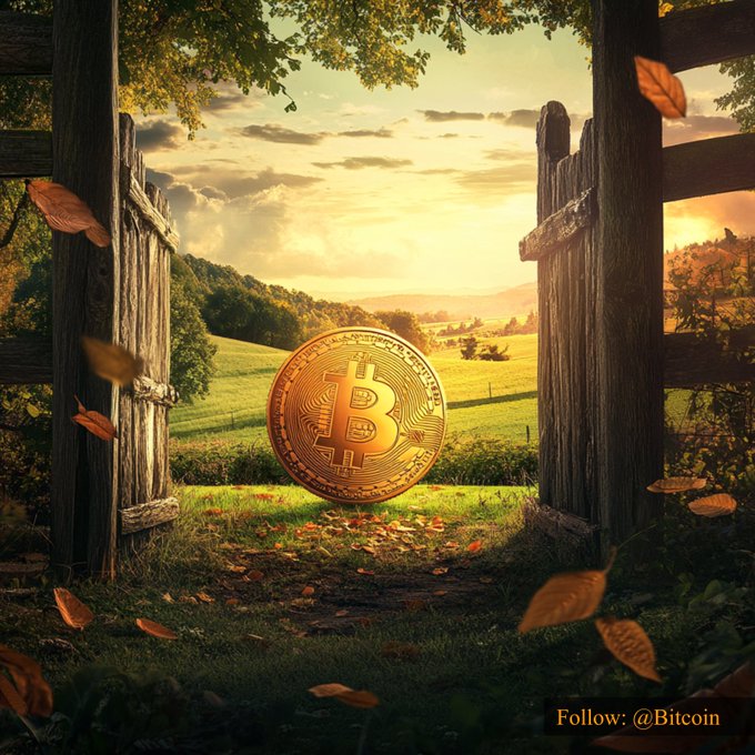 A golden Bitcoin coin stands upright at a rustic wooden gate opening onto a sunlit countryside, with autumn leaves drifting around it. The post cites a Bitcoin value of “$83,359.15” with the hashtag “#Bitcoin,” while the image includes the text “Follow: @Bitcoin.”