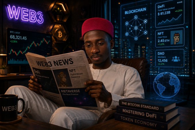 A man in traditional attire reads a "WEB3 NEWS" newspaper in a tech-savvy room surrounded by neon "WEB3" signage and holographic displays showing Bitcoin (BTC/USD at 68,321.45), DeFi, NFT, and DAO metrics, alongside books on "The Bitcoin Standard" and "Token Economy."

The image visually reinforces the post's Web3 news theme by depicting someone catching up on cryptocurrency developments like Binance's EU service changes, XRP selling pressure, and other industry updates referenced in the bulletin.