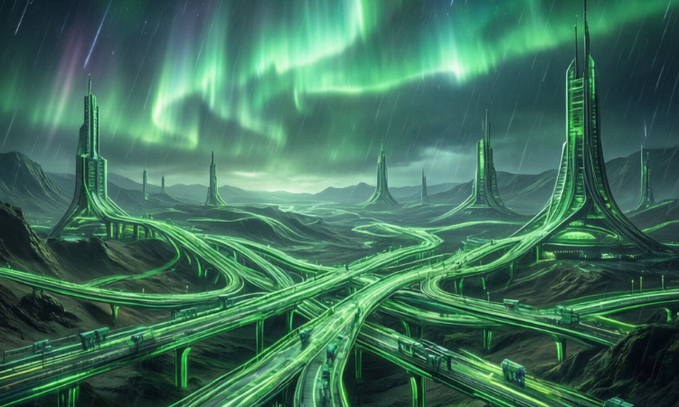 A vibrant digital artwork depicting a futuristic cityscape with glowing green highways and towering structures under an aurora-lit sky.