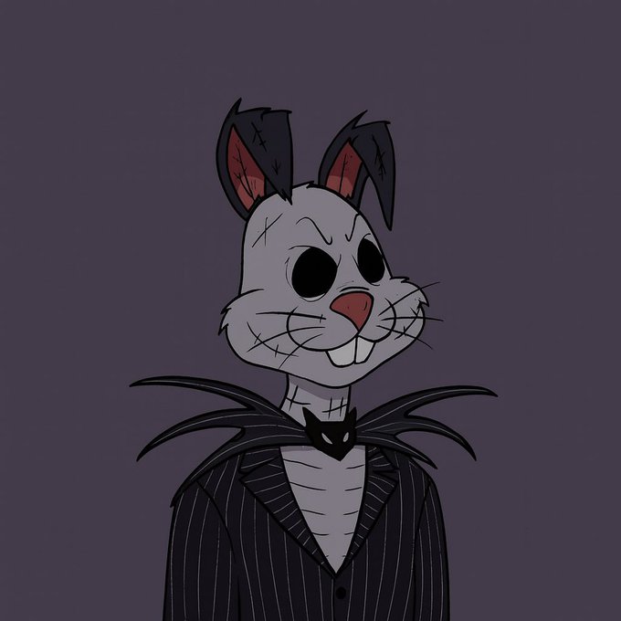A digital illustration of a creepy, stitched-up cartoon rabbit character with black empty eyes, wearing a pinstriped suit and bow tie against a dark purple background.