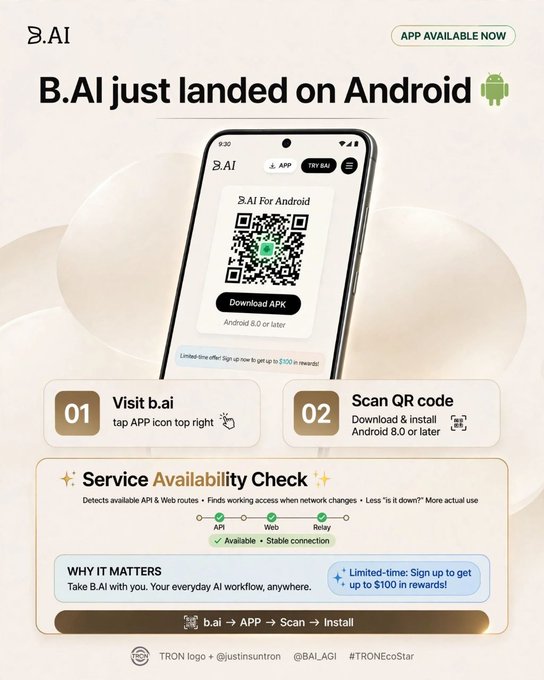 This promotional image announces the launch of the B.AI app on Android, featuring a smartphone mockup displaying a QR code for downloading the APK (Android 8.0 or later), with two simple steps: visiting b.ai and scanning the QR code. It also highlights the new "Service Availability Check" feature that detects available API and Web routes, along with a limited-time offer of up to $100 in rewards for signing up, tagged with @BAI_AGI and @TRONEcoStar.