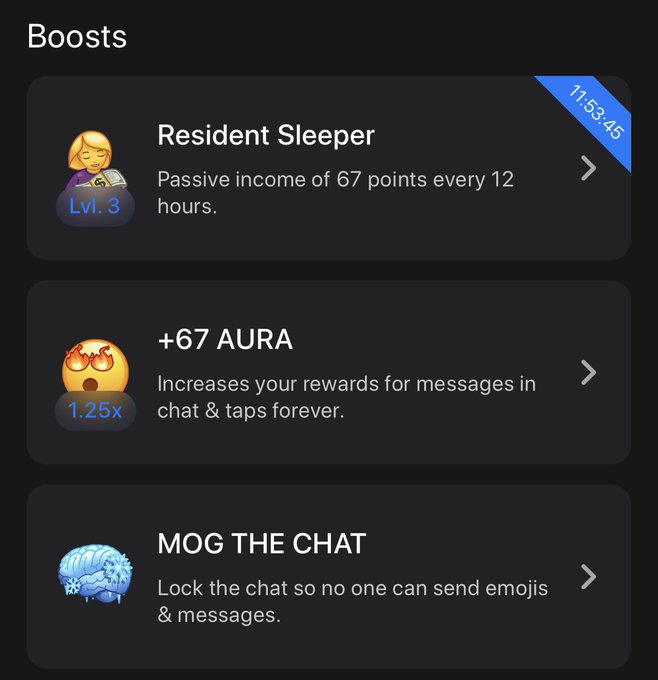 A mobile app interface titled "Boosts" showing three options: "Resident Sleeper" (Passive income of 67 points every 12 hours) with a blue timer reading "11:53:45", "+67 AURA" (Increases rewards by 1.25x), and "MOG THE CHAT" (Lock the chat).