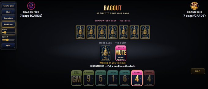 A digital card game called 'BAGOUT' showing players Shadowfeed and Disasterkid with 7 bags each, displaying various playing cards.