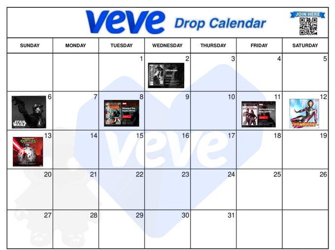 A 'veve Drop Calendar' showing a monthly schedule with various comic and pop culture collectibles scheduled for different dates.