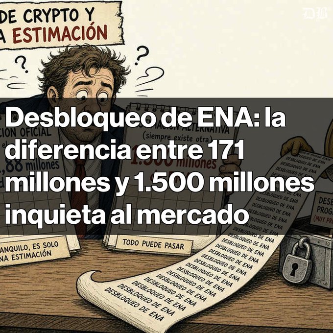 A Spanish-language cartoon meme about cryptocurrency with text 'Desbloqueo de ENA: la diferencia entre 171 millones y 1.500 millones inquieta al mercado', showing a confused man looking at a long receipt reading 'DESBLOQUEO DE ENA'.