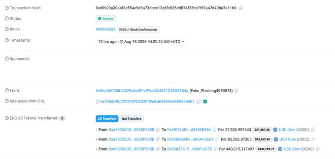 A blockchain transaction record shows a successful transfer of approximately $550K USD Coin (USDC) from victim address 0xa707d3D5d174f59d2C2b81491BDc5650E55F065B to phishing address 0x9bcD8076840378a6eDFfc97ed824621C48D9104a, executed on August 13, 2026, via a malicious increaseAllowance transaction.
