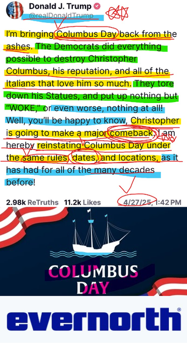 A screenshot of a Truth Social post from Donald J.Trump (@realDonaldTrump) posted at 1:42 PM on 4/27/25, featuring a Columbus Day illustration and the Evernorth logo, aligning with the accompanying post's theory linking Trump's "comeback" language to Ripple's Evernorth project.