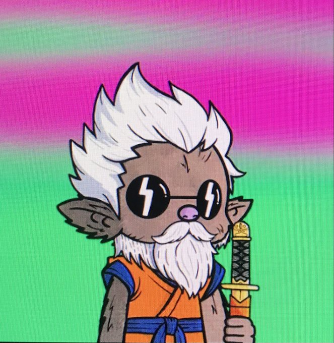 A digital illustration of an anthropomorphic elderly character with white spiky hair, a mustache, round sunglasses with lightning bolt reflections, and a sword, set against a pink and green gradient background.