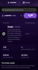 Dark purple crypto dashboard for Ondo showing token/project metrics, including “$6.5M” and a message that the Ondo model revolves around short-term yield-bearing tokenized securities.