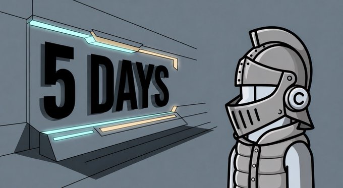 A cartoon illustration of a knight in armor standing next to a glowing sign that reads '5 DAYS', suggesting a countdown.