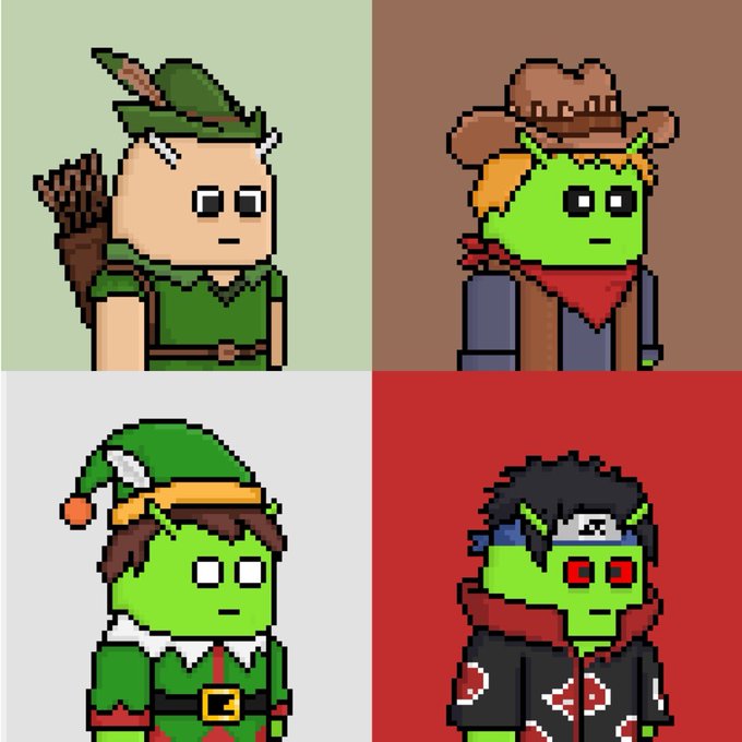 Four pixel art character portraits displayed in a grid, featuring green-skinned goblin-like figures in various outfits including a Robin Hood-style archer, a cowboy, an elf, and a ninja on red and gray backgrounds.