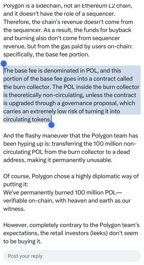 An article discussing Polygon blockchain, explaining that it is a sidechain rather than an L2, detailing how the base fee in POL is burned in a burn collector contract, with a highlighted passage about the burning mechanism.