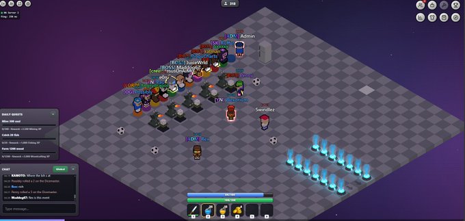 A screenshot of an isometric multiplayer game interface on a checkered grid, showing various character avatars, chat text, and game UI elements including names like 'Admin', 'Eczeek', 'Sunzidze2', and '[GM] Modu'.