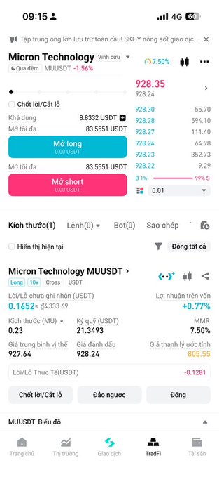 The image shows the Bitget trading interface displaying Micron Technology (MUUSTDT) stock token at $928.35, with key metrics including a 7.50% gain, 0.23 P/E ratio, and 21.3493 USDT contract size, illustrating the platform's TradFi tokenized assets feature that the post highlights as part of Bitget's rToken offering bridging traditional stocks with crypto.