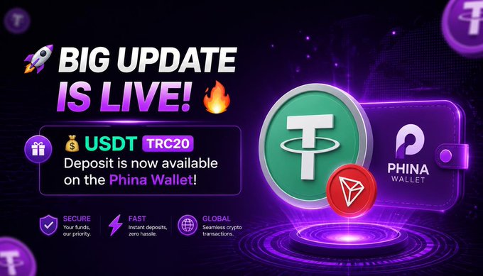 The image is a vibrant promotional graphic announcing "BIG UPDATE IS LIVE! 🔥" featuring USDT TRC20 deposit availability on the Phina Wallet, highlighted by a 3D USDT coin and Tron logo, alongside key benefits: Secure priority, Fast instant deposits with zero hassle, and Global seamless crypto transactions—directly mirroring the post's message about enabling faster, cheaper TRC20 transfers.