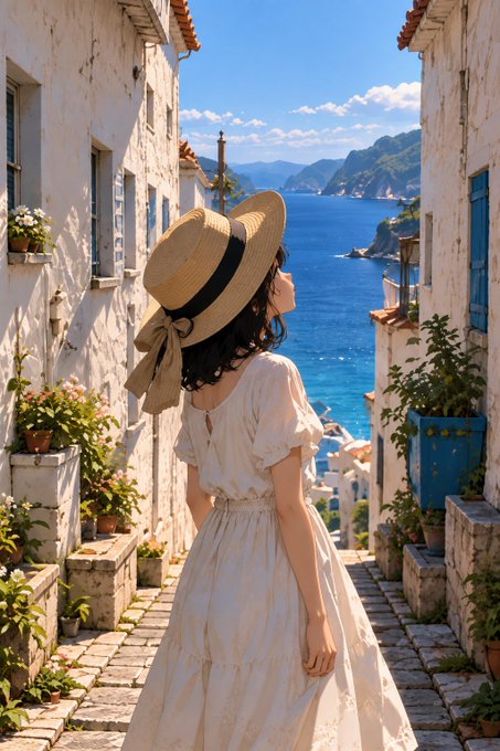 A woman wearing a straw sun hat and white flowy dress walks down a narrow Mediterranean-style alleyway between white buildings with blue shutters, overlooking a bright blue sea and distant mountains.