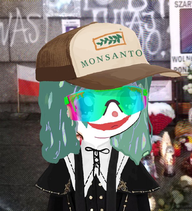 A digital illustration of a character with green hair, red lips, and colorful sunglasses, wearing a tan trucker hat with 'MONSANTO' and a leaf logo, dressed in a black gothic-style outfit against an urban background.