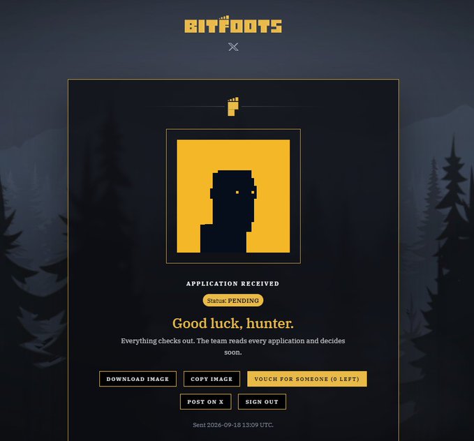 A webpage for 'BITFOOTS' displays a pixel-art character with the message 'APPLICATION RECEIVED', 'Status: PENDING', and 'Good luck, hunter,' along with options to download image, copy image, or vouch for someone.