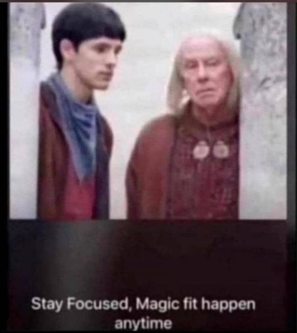 The image shows two characters from a fantasy film standing between stone pillars, with the caption "Stay Focused, Magic fit happen anytime" displayed below. The post pairs this meme's message of patience and faith with the stock tickers $KNOT and $STONK, encouraging followers to rest over the weekend and trust that "magic" (gains) will come in time.