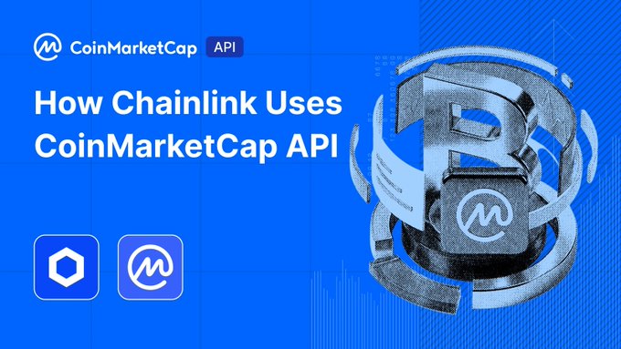 The image is a promotional graphic titled "How Chainlink Uses CoinMarketCap API," featuring the CoinMarketCap and Chainlink logos alongside a 3D metallic "B" symbol on a blue background, illustrating a case study on how Chainlink integrates CoinMarketCap's API into its oracle infrastructure and Price Feeds to power DeFi applications.