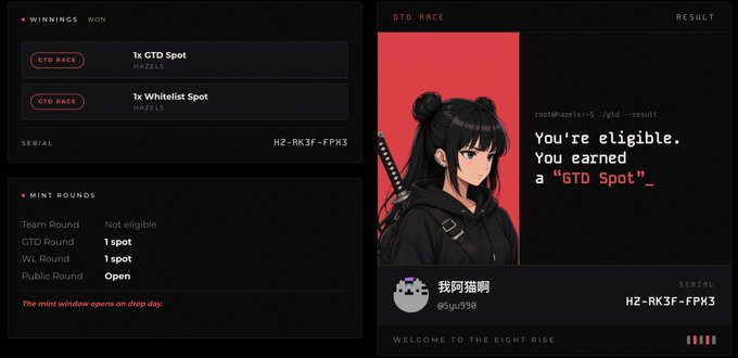 Screenshot of a digital dashboard showing 'GTD RACE' results with winnings for '1x GTD Spot' and '1x Whitelist Spot' for HAZELS, alongside an anime-style character avatar and the text 'You're eligible. You earned a "GTD Spot"_' with serial HZ-RK3F-FPK3.