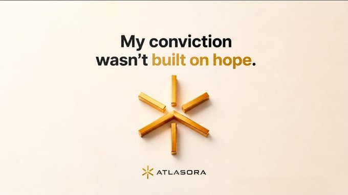 A minimalist advertisement on a cream background reads "My conviction wasn't built on hope." with the words "built on hope" highlighted in gold, accompanied by an arrangement of gold bars forming an asterisk-like shape and the ATLASORA logo below.