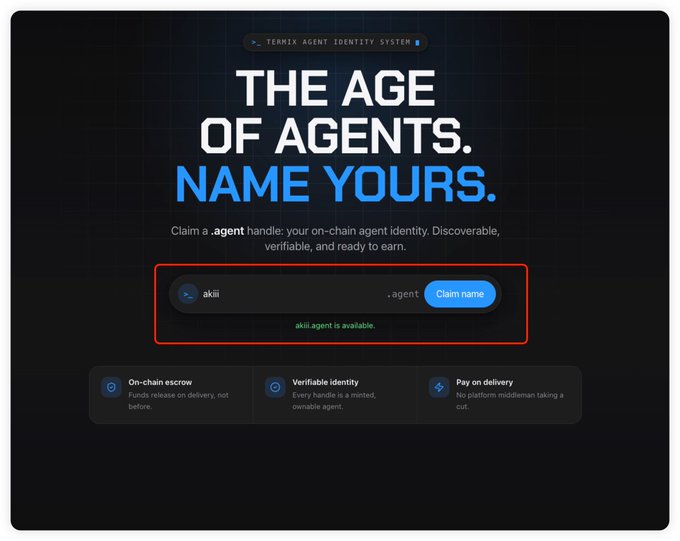 A website interface for 'TERNIX AGENT IDENTITY SYSTEM' titled 'THE AGE OF AGENTS. NAME YOURS.' showing a search bar with 'akii' entered, indicating 'akii.agent is available,' alongside features like 'On-chain escrow,' 'Verifiable identity,' and 'Pay on delivery.'