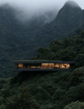 A modern, illuminated building perched on a cliffside surrounded by dense, misty green mountains at dusk.