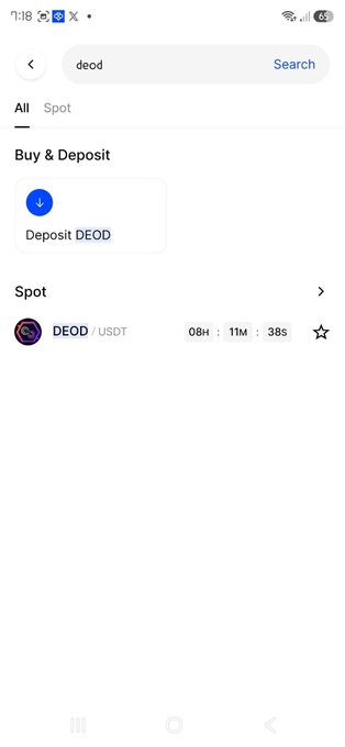 A mobile app screenshot showing a search result for 'deod' on what appears to be a cryptocurrency exchange, displaying a 'Buy & Deposit' option to Deposit DEOD, and a spot trading pair for DEOD/USDT.