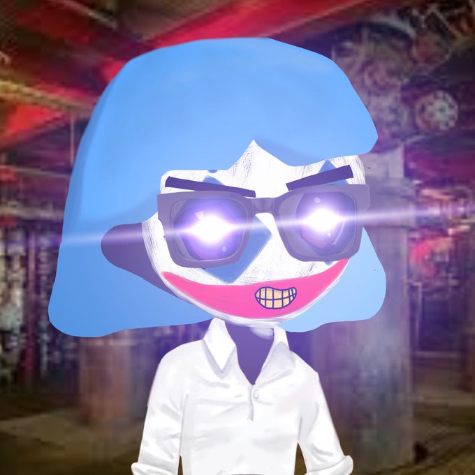 ers face is blue, with a white mask and glasses covering the eyes, and a red and black striped background.