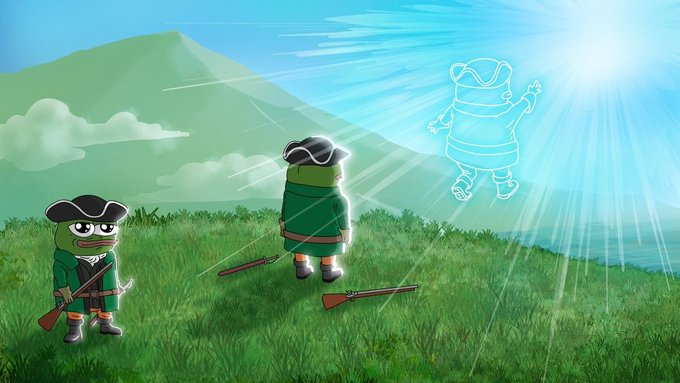 Animated illustration of two green frog characters in colonial-era military outfits standing in a grassy field, with one looking up at a glowing ghostly outline of a larger frog figure in the sky.