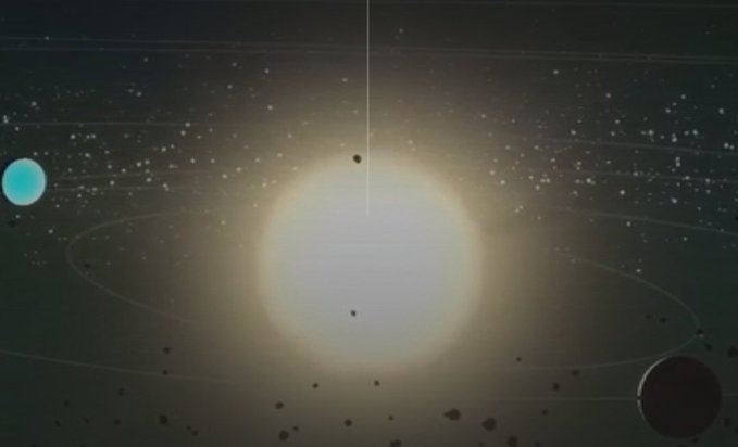 Stylized space scene showing a bright yellow sun/star at the center with planets and asteroids orbiting around it against a dark, starry background.